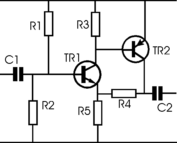 Two transistor amplifier circuit with feedback